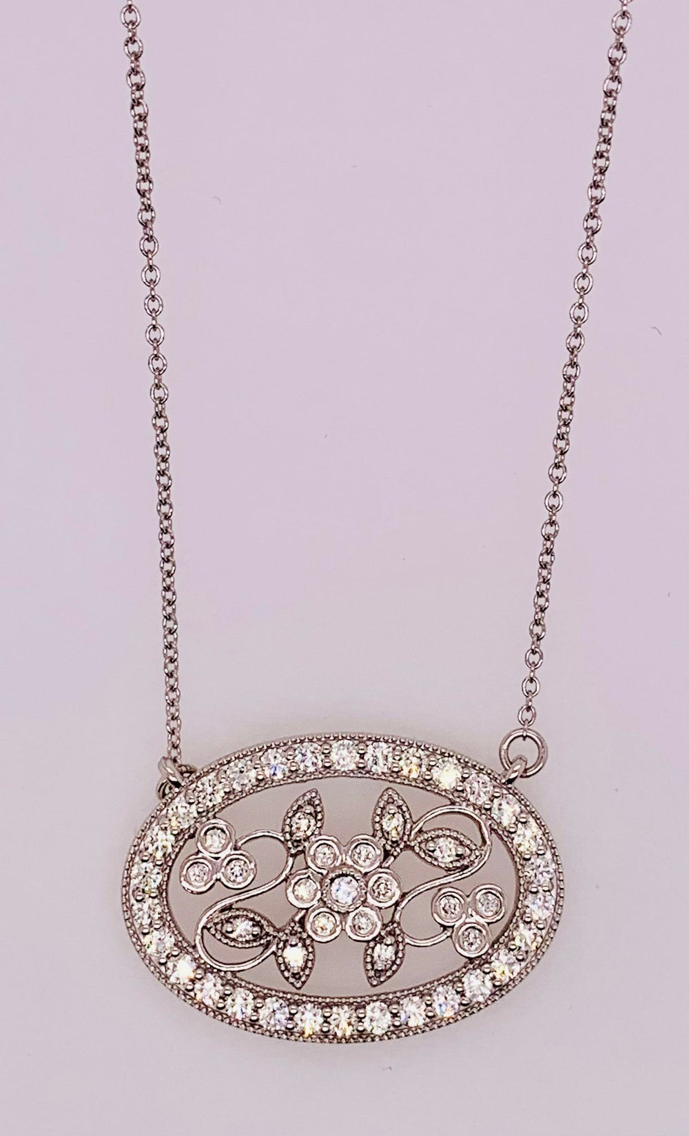 14K Oval Floral Diamond Bar Necklace