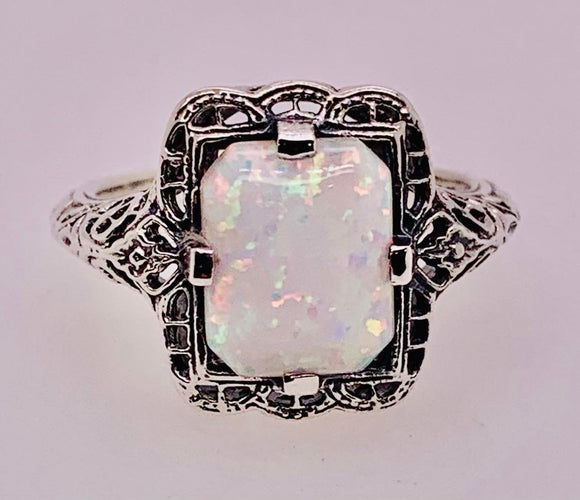 Sterling Silver Lab Opal Filigree Ring