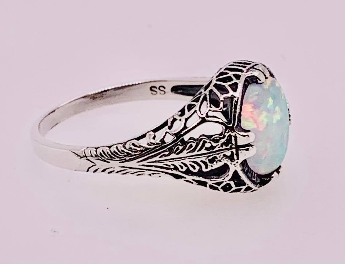 Sterling Silver white Lab Opal Ring