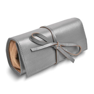 Silver Leather Tie Jewelry Roll with Removable Zippered Pouch