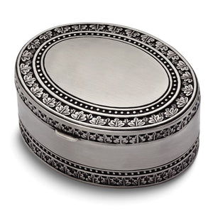 Pewter-tone Finish Hinged Lid Velveteen Lined Oval Floral Jewelry Box