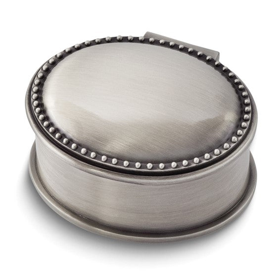 Petite Pewter-tone Finish Hinged Lid Velveteen Lined Oval Beaded Edge Jewelry Box