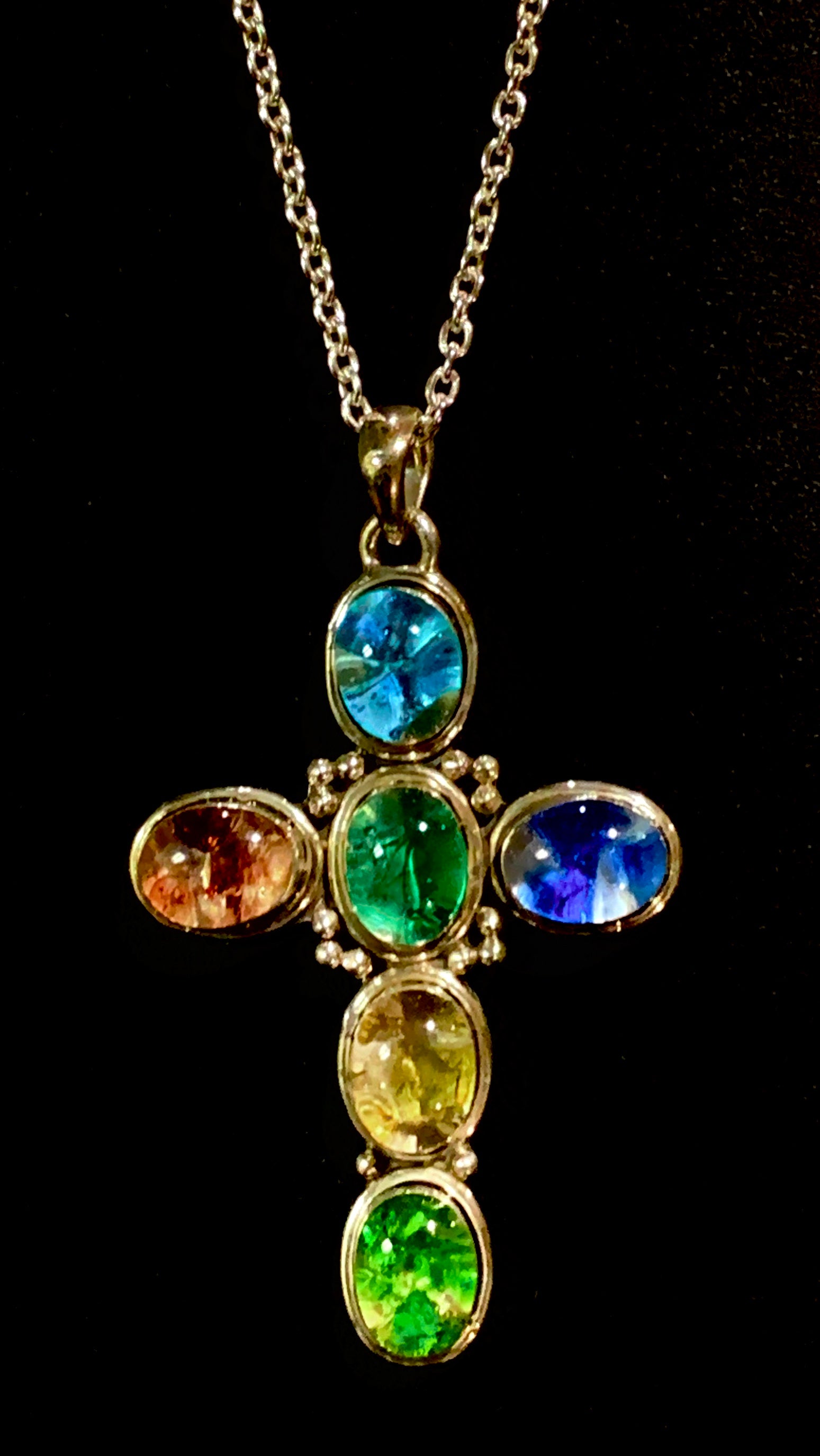 Sterling Silver Stained Glass Cross Pendant with 24" Chain