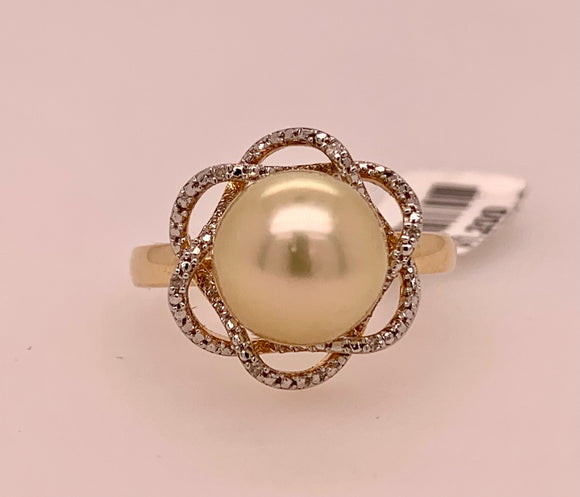 14K Rose Gold Golden Cultured Pearl & Diamond Ring