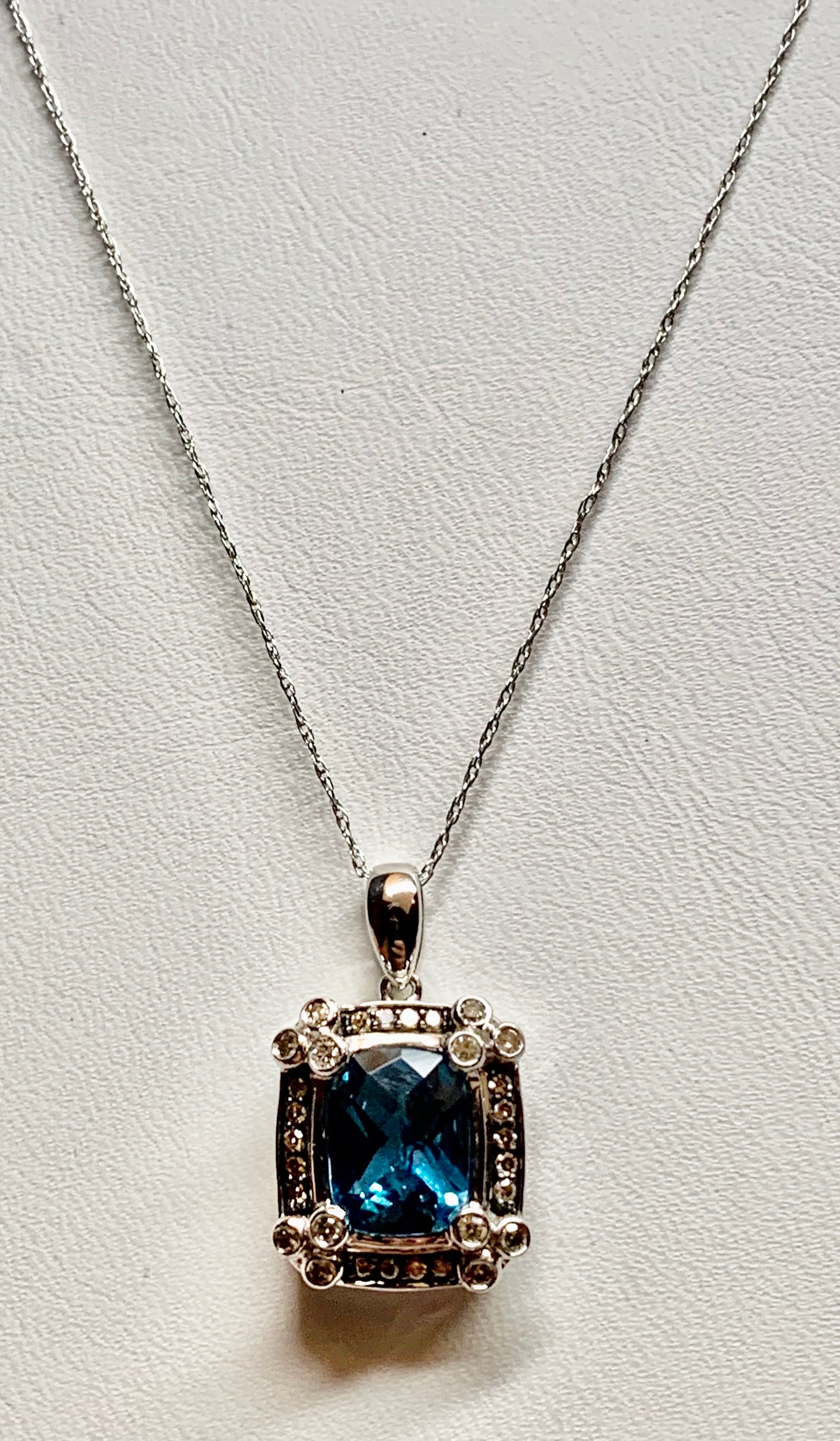 14K White Gold Blue Topaz & Diamond Pendant