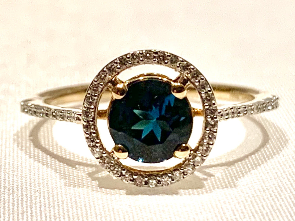 14K Yellow Gold Blue Topaz and Diamond Ring