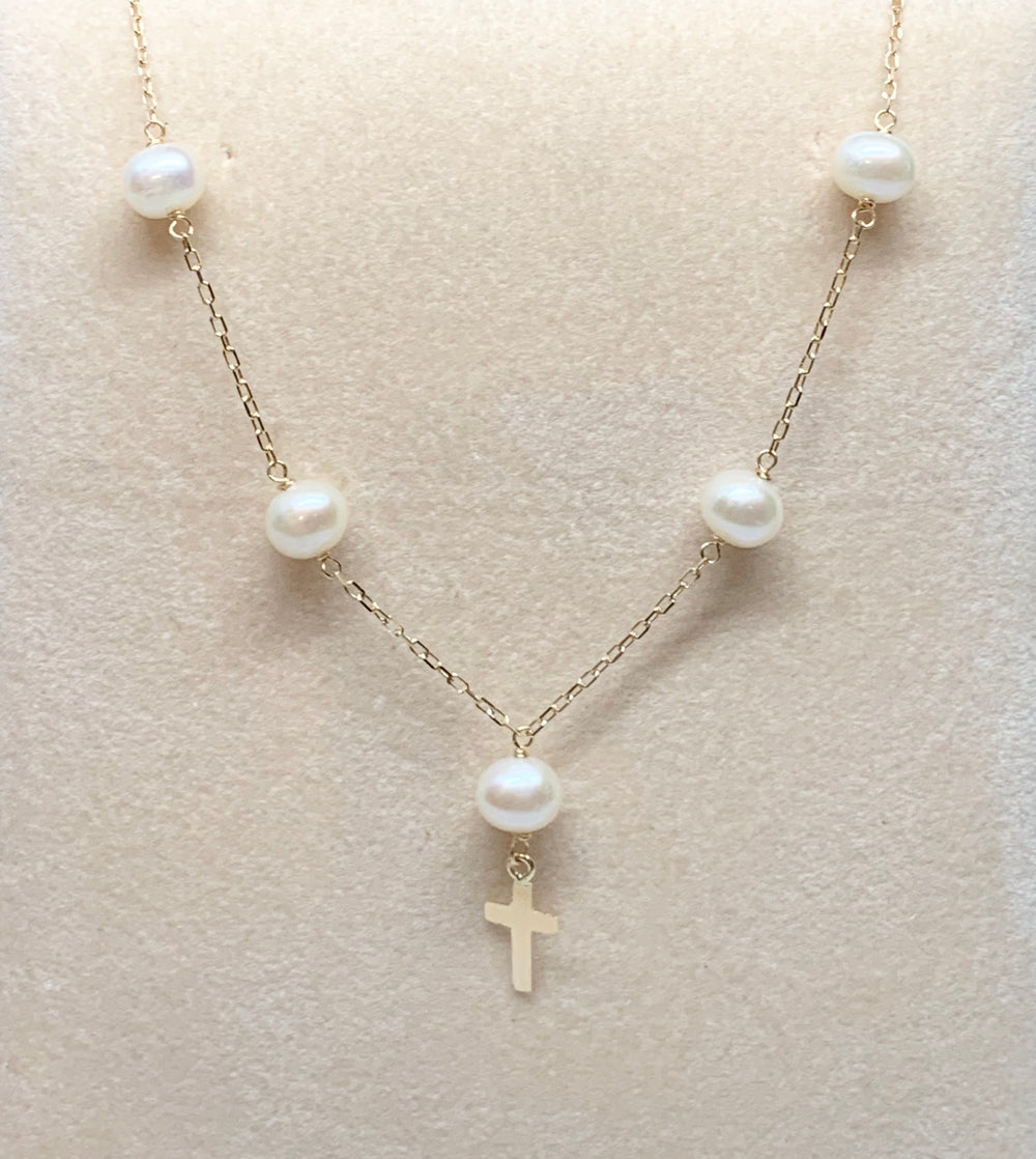 5-6 MM Freshwater Pearl Necklace with 14K Cross