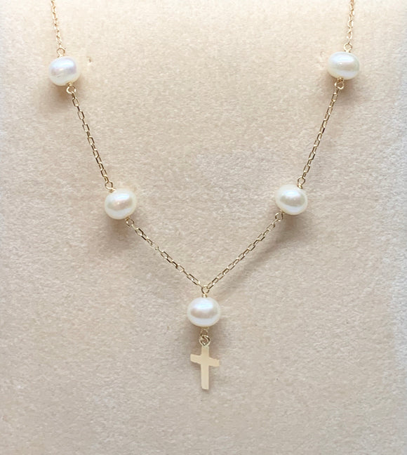 5-6 MM Freshwater Pearl Necklace with 14K Cross
