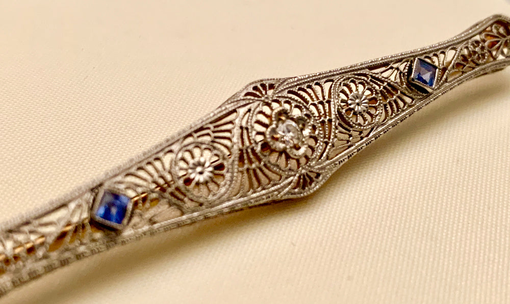 14K Filigree Diamond & Sapphire Bar Pin