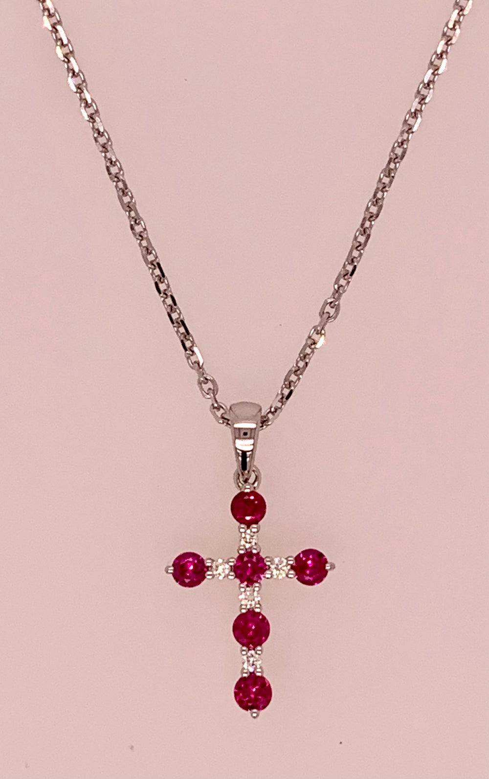 14K White Gold Ruby & Diamond Cross