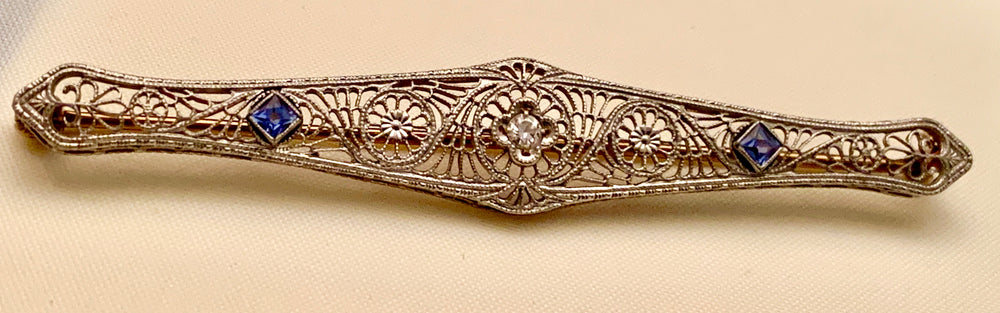 14K Filigree Diamond & Sapphire Bar Pin