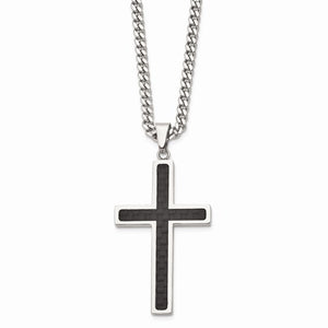 Stainless Steel Polished with Black Carbon Fiber Cross 24in Necklace