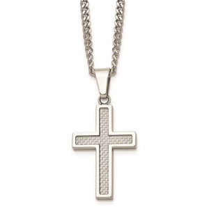 Stainless Steel Polished with Grey Carbon Fiber Inlay Small Cross Necklace